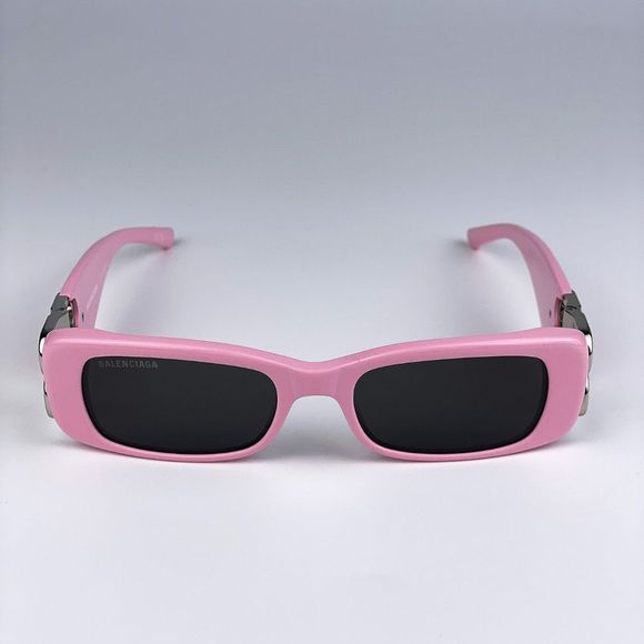 🔥Balenciaga  BB0096S 012 Sunglasses Pink Silver Logo Grey Rectangle Unisex - Picture 1 of 13